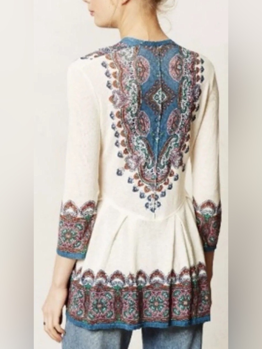 Anthropologie Knitted & Knotted Cleophee Cardigan Sz S Linen Cotton Paisley Boho